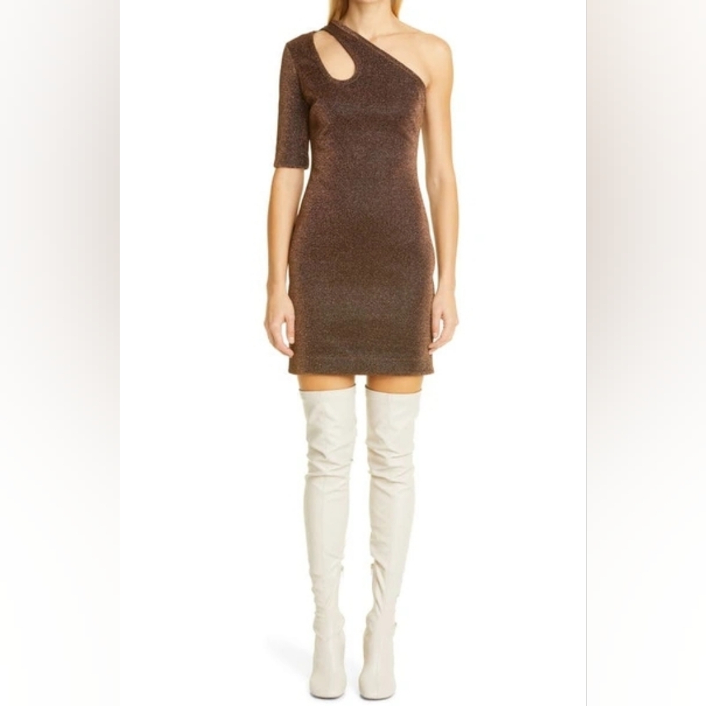 Stella McCartney Darla One Shoulder Metallic Knit Minidress In Bronze